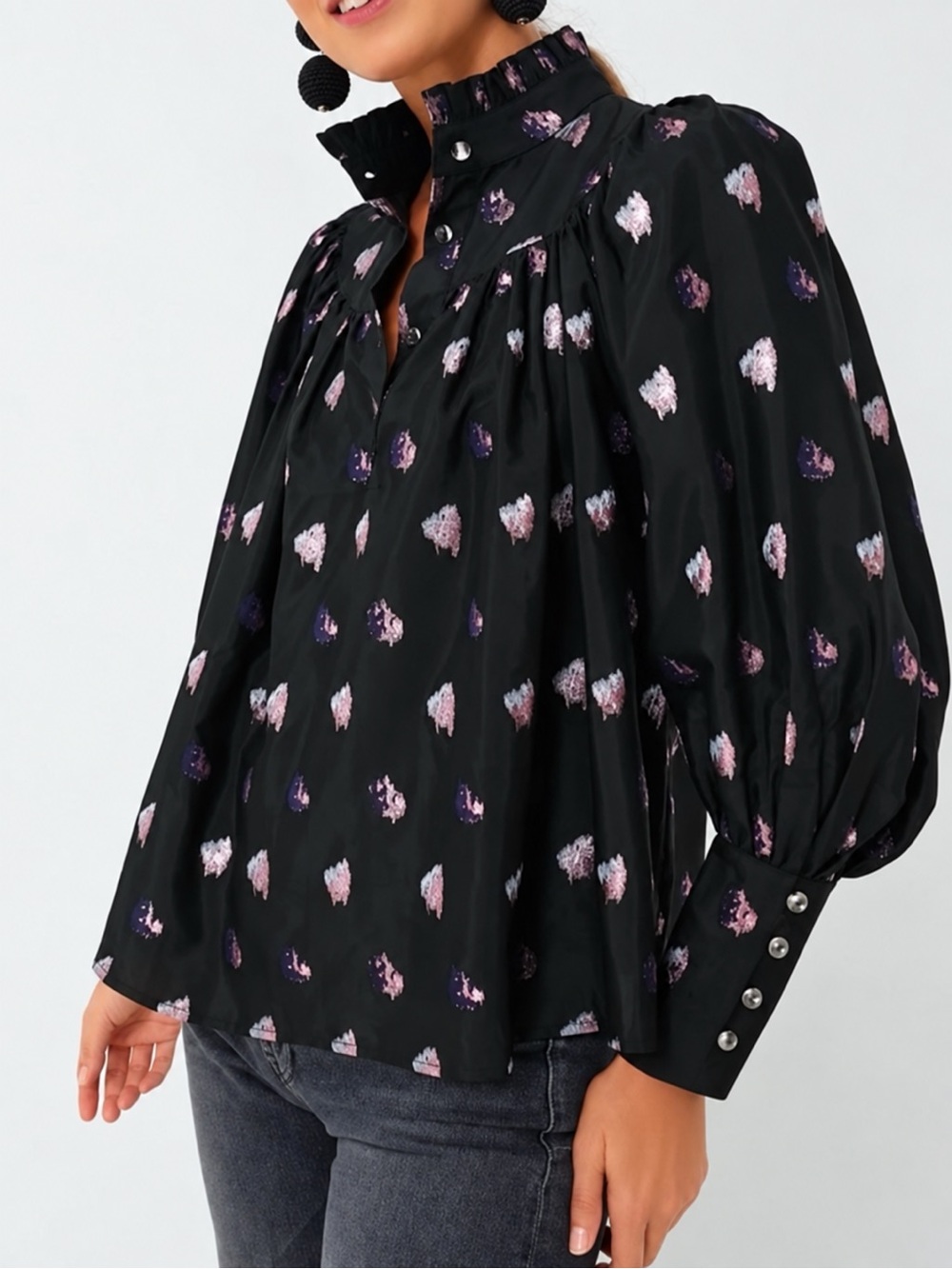 Tuckernuck Black Blouse with Pink and Purple Metallic Dot Accents